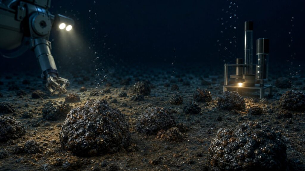 Dark Oxygen in the Deep Sea: What Scientists Found and Why It Matters 1 Illustration of polymetallic nodules on the deep ocean floor with research lights and subtle oxygen bubbles