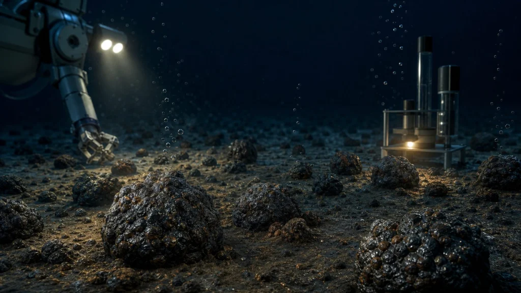 Dark Oxygen in the Deep Sea: What Scientists Found and Why It Matters 1 Illustration of polymetallic nodules on the deep ocean floor with research lights and subtle oxygen bubbles