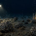 Illustration of polymetallic nodules on the deep ocean floor with research lights and subtle oxygen bubbles