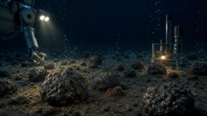 Illustration of polymetallic nodules on the deep ocean floor with research lights and subtle oxygen bubbles