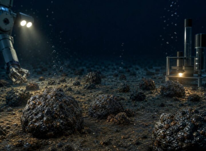 Dark Oxygen in the Deep Sea: What Scientists Found and Why It Matters 8 Illustration of polymetallic nodules on the deep ocean floor with research lights and subtle oxygen bubbles