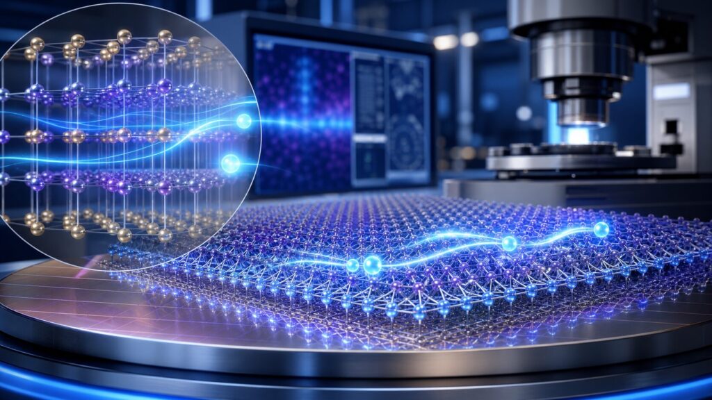 Illustration of electrons moving through an ordered crystal film in a laboratory setting