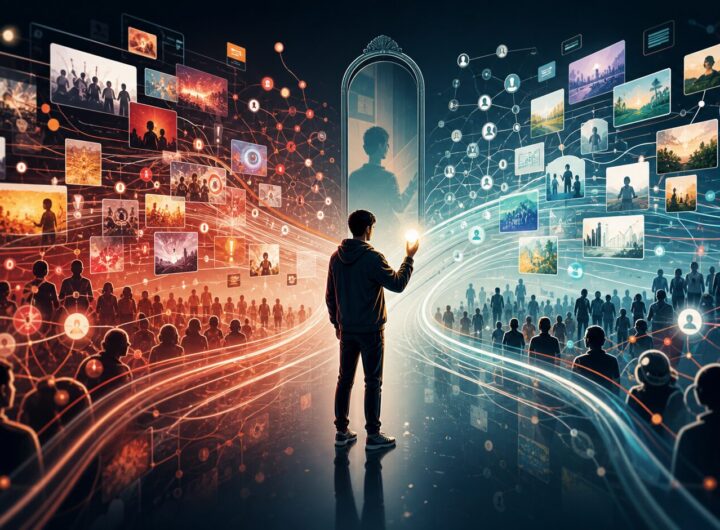 Illustration of a person separating signal from noise in social media information streams