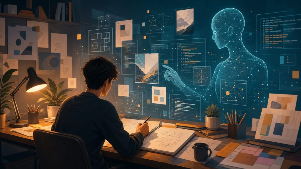 AI and Human Creativity: How Artificial Intelligence Is Changing Intellectual Labor 1 Illustration of a human creator working with an AI assistant interface in a modern studio