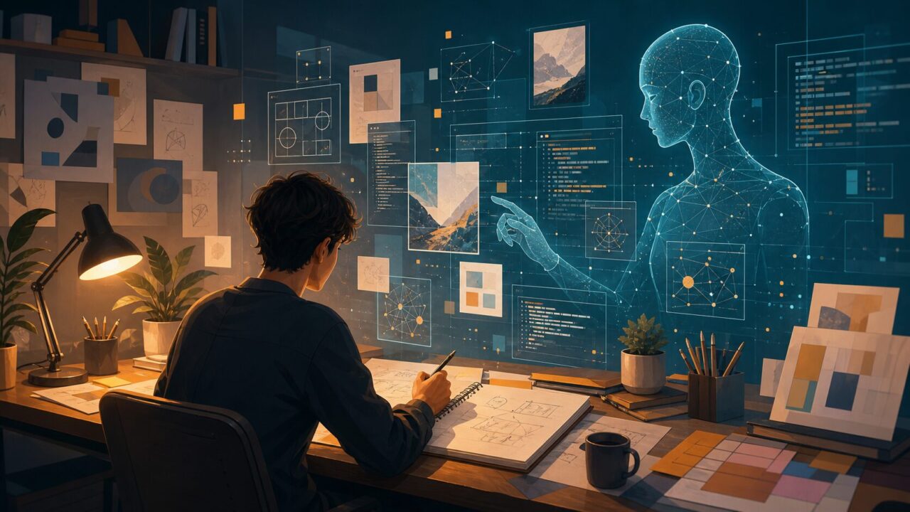 Illustration of a human creator working with an AI assistant interface in a modern studio