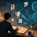 Illustration of a human creator working with an AI assistant interface in a modern studio