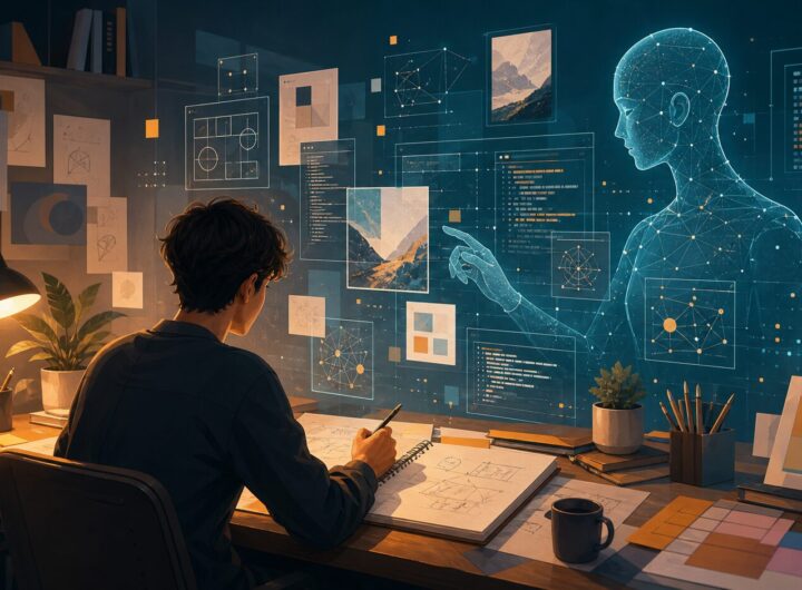 Illustration of a human creator working with an AI assistant interface in a modern studio