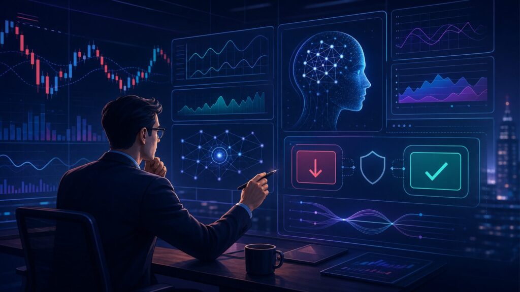 AI in Finance: Why Human Decision-Making Still Matters 1 Illustration of a finance professional reviewing AI market signals and risk controls before making a decision