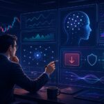 Illustration of a finance professional reviewing AI market signals and risk controls before making a decision