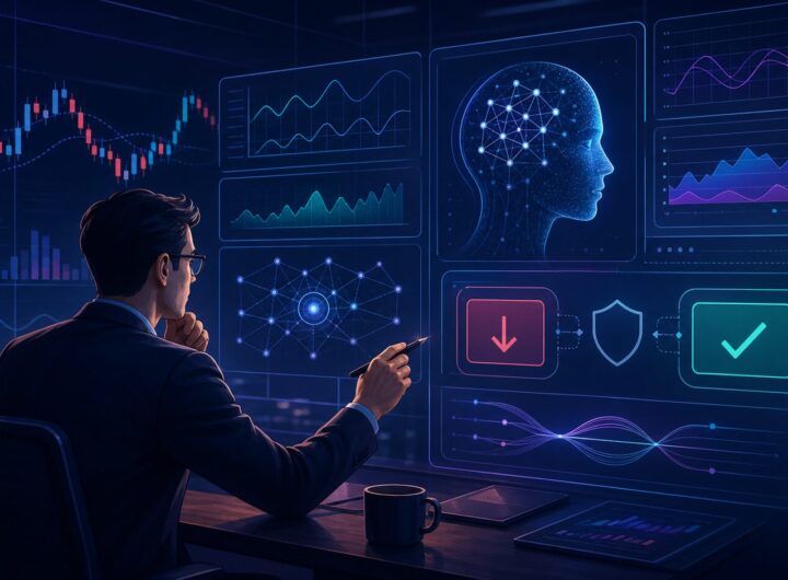 Illustration of a finance professional reviewing AI market signals and risk controls before making a decision