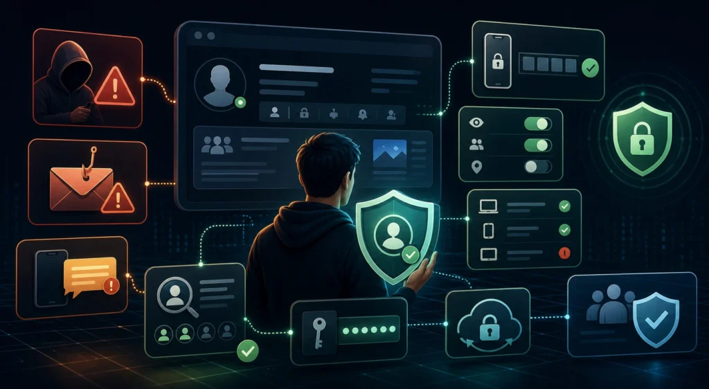 Social Media Security: How to Protect Your Accounts, Privacy, and Identity 1 Illustration of secured social media accounts, privacy settings, phishing warnings, and multi-factor authentication