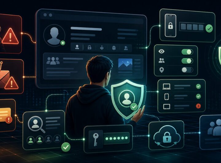 Illustration of secured social media accounts, privacy settings, phishing warnings, and multi-factor authentication