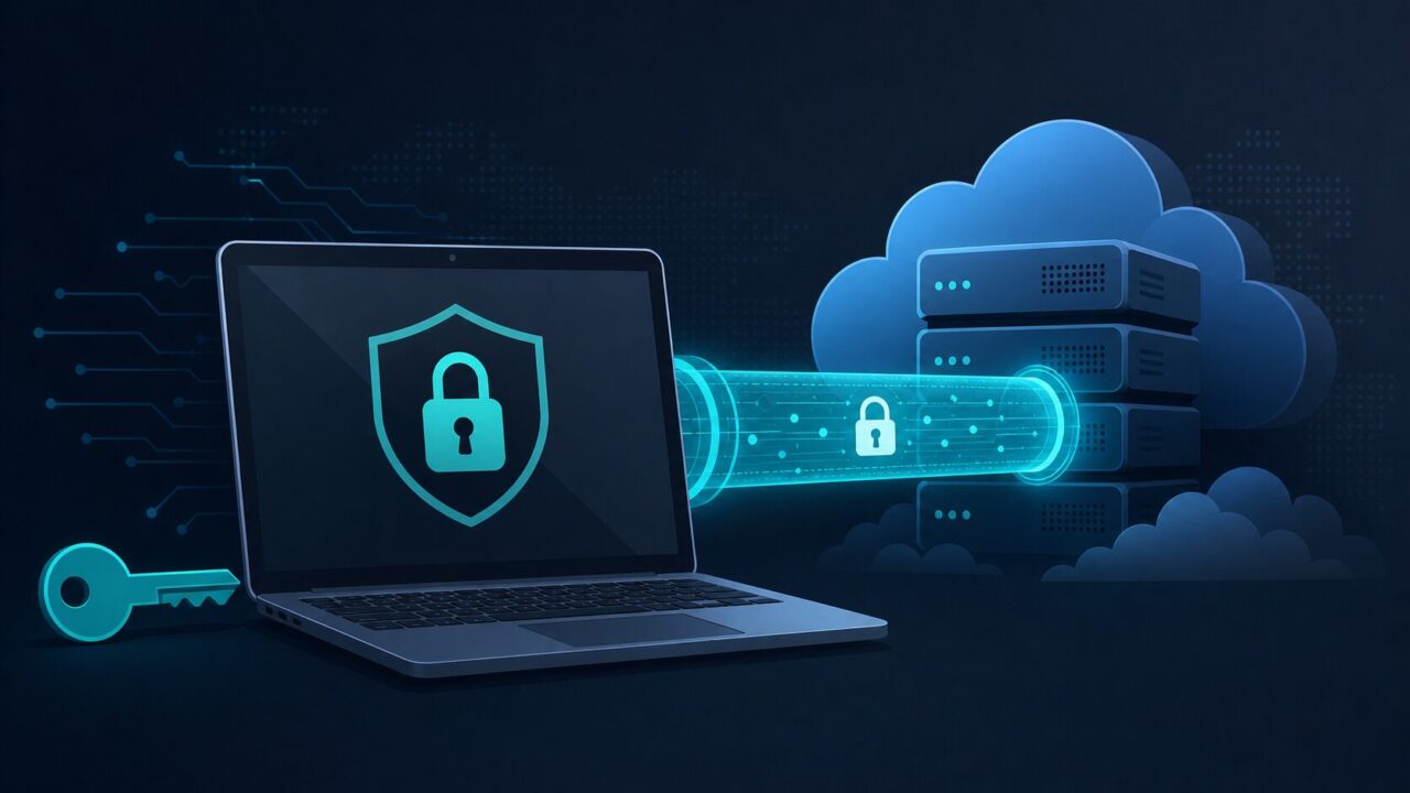 Illustration of a laptop using SSH keys to connect securely to a remote server