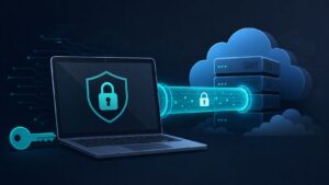 Illustration of a laptop using SSH keys to connect securely to a remote server
