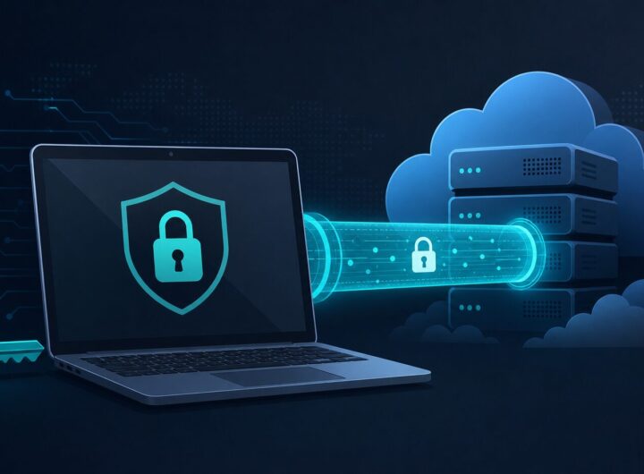 Illustration of a laptop using SSH keys to connect securely to a remote server