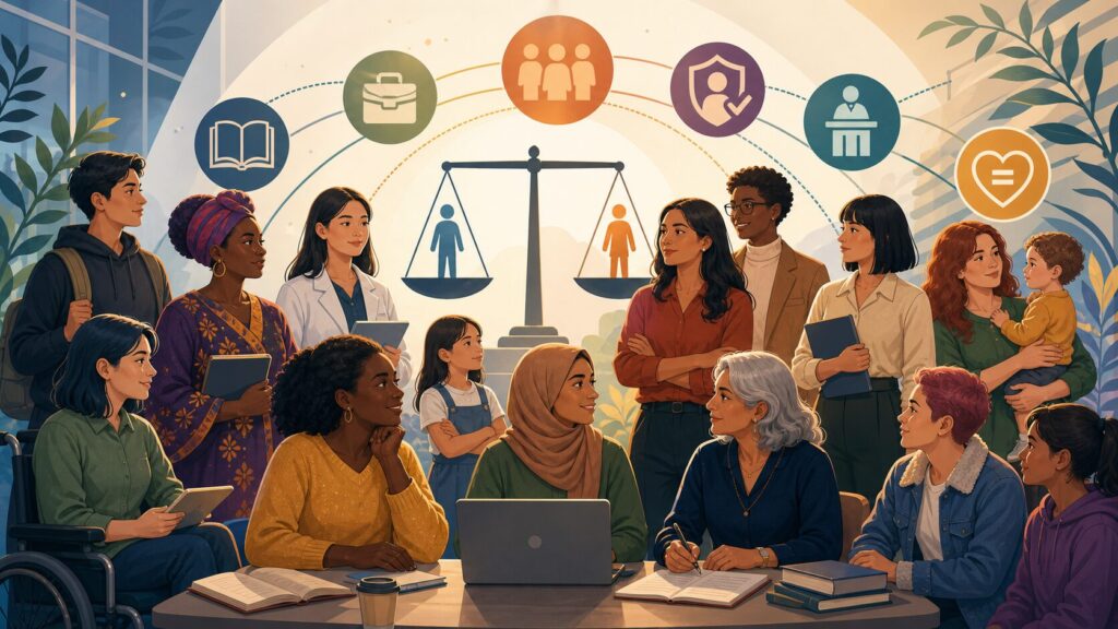 Understanding Feminism: Equality, History, and Why It Still Matters 1 Illustration of diverse people standing together around symbols of education, work, safety, and equal rights