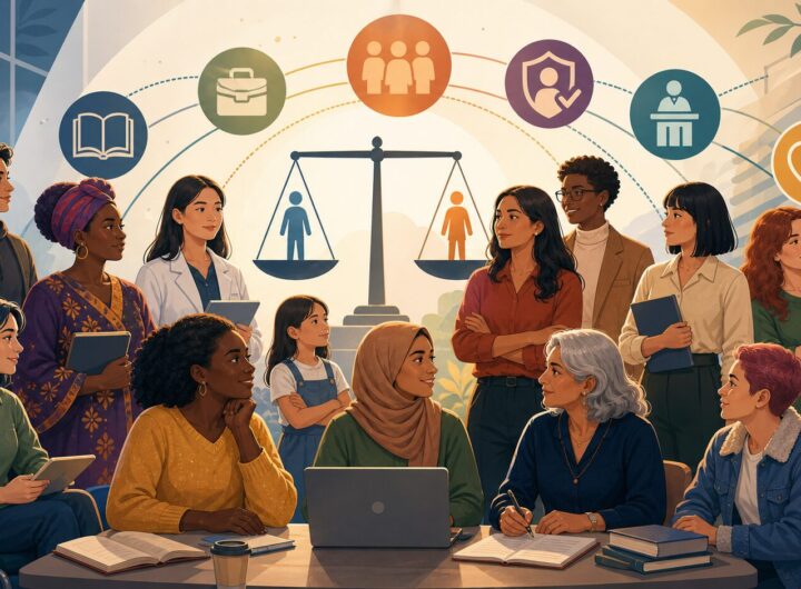 Illustration of diverse people standing together around symbols of education, work, safety, and equal rights