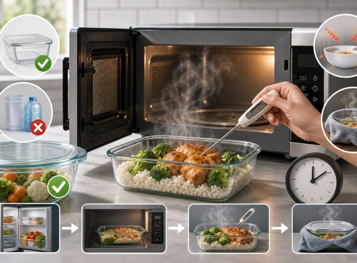 Is It Safe to Microwave Food? Containers, Radiation, and Food Safety Explained 13 Illustration of microwave-safe containers, heated food, steam, and a food thermometer in a clean kitchen