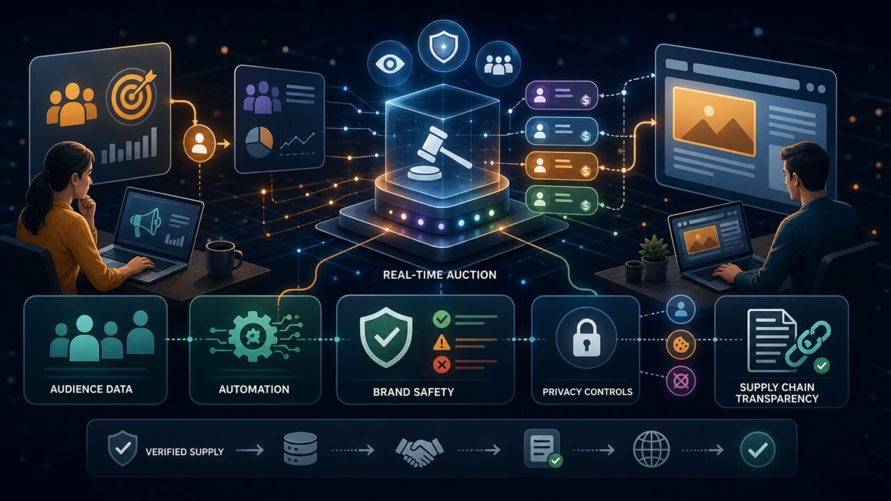 Illustration of an automated digital ad marketplace with auction signals, privacy controls, and supply-chain checks
