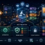 Illustration of an automated digital ad marketplace with auction signals, privacy controls, and supply-chain checks