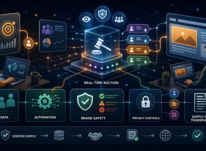 Programmatic Advertising Explained: RTB, Privacy, Brand Safety, and Supply Chains 12 Illustration of an automated digital ad marketplace with auction signals, privacy controls, and supply-chain checks