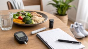 Diabetes Explained: Types, Symptoms, Diagnosis, and When to Seek Care 5 Glucose meter beside a health log water balanced meal and walking shoes for diabetes management