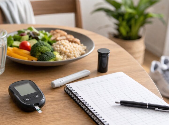 Diabetes Explained: Types, Symptoms, Diagnosis, and When to Seek Care 10 Glucose meter beside a health log water balanced meal and walking shoes for diabetes management