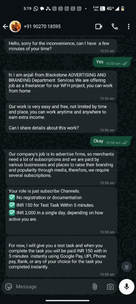 Real-life WhatsApp job scam messages