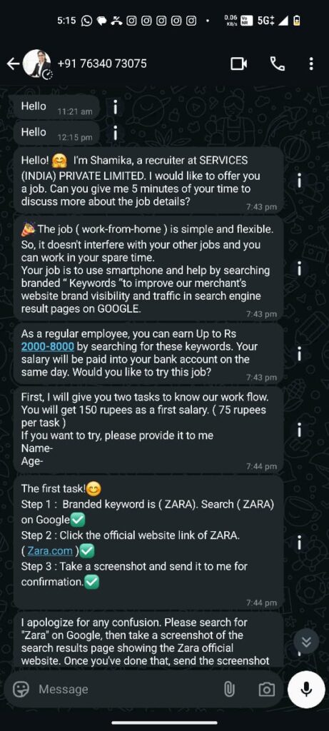 Real-life WhatsApp job scam messages