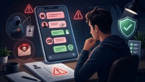 Illustration of a job seeker checking suspicious mobile job messages with cyber safety warnings