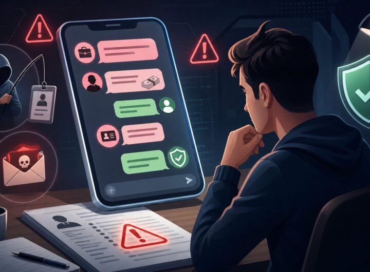 WhatsApp Job Scams: How Fake Remote Job Offers Work and How to Stay Safe 6 Illustration of a job seeker checking suspicious mobile job messages with cyber safety warnings