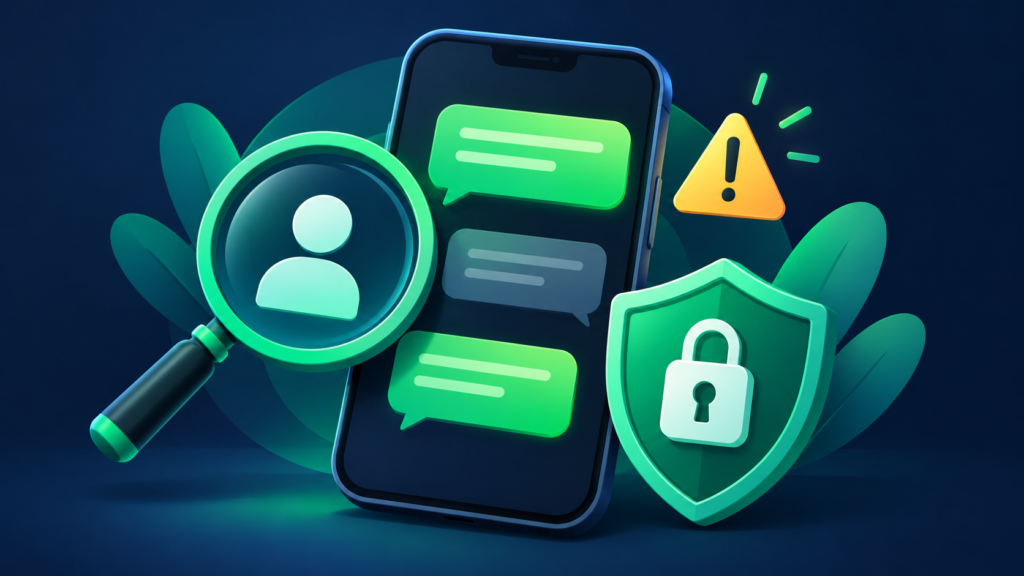 WhatsApp Scams: Verify Messages and Recover Access 1 Illustration of a messaging phone with an identity-check magnifying glass, warning symbol and security shield.
