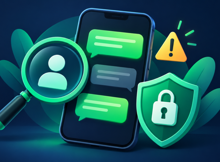 Illustration of a messaging phone with an identity-check magnifying glass, warning symbol and security shield.