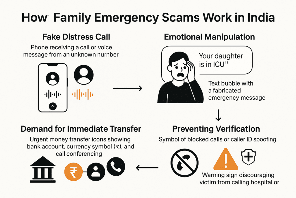 illustration of how family emergency scams work in India