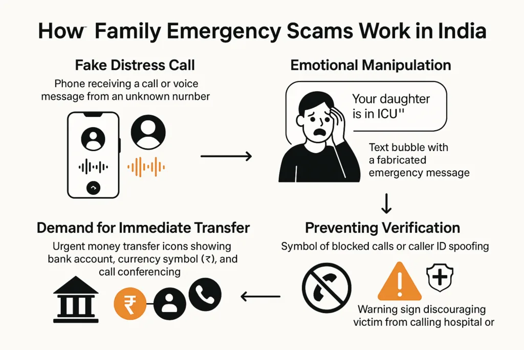 illustration of how family emergency scams work in India
