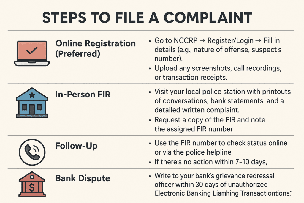 infographic of steps to file a complain for digital arrest and family emergency scam
