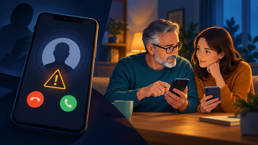 Impersonation and Family Emergency Scams: Verify Before Paying 1 Two family members verifying a suspicious incoming call using separate phones, beside a warning symbol.
