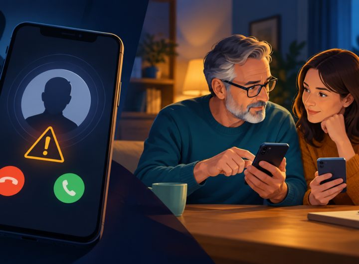 Two family members verifying a suspicious incoming call using separate phones, beside a warning symbol.
