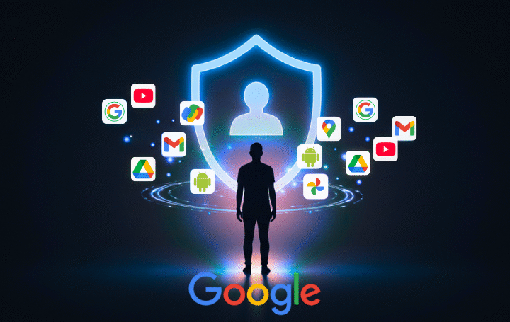 a poster showing a man standing and looking at Google Account Center