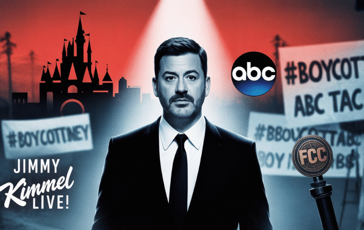 Jimmy Kimmel with ABC, Disney, FCC, and boycott signs backdrop