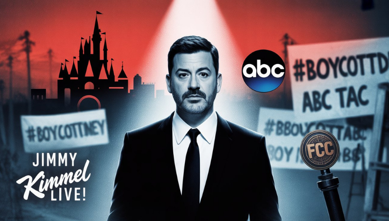 Jimmy Kimmel with ABC, Disney, FCC, and boycott signs backdrop