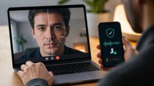 Person verifying a suspicious video call using a second device and independent contact check