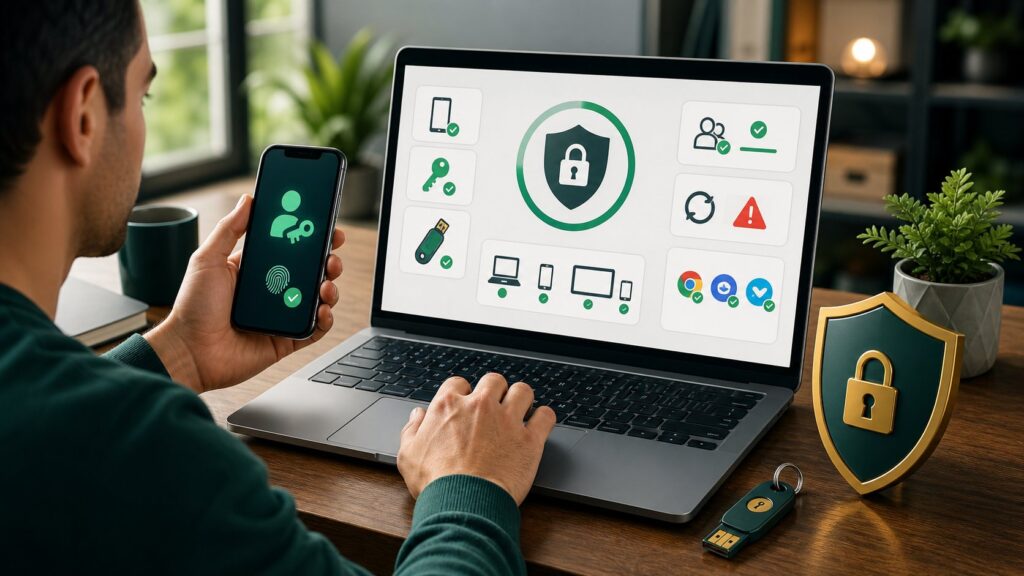 Google Account Safety Guide: Security Checkup, Passkeys, and Recovery 1 Person reviewing account security settings with passkey recovery and device protection tools