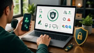 Person reviewing account security settings with passkey recovery and device protection tools