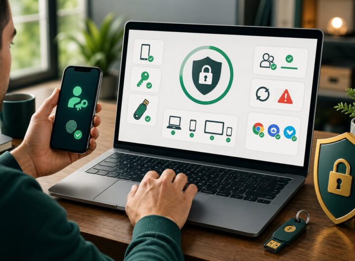 Google Account Safety Guide: Security Checkup, Passkeys, and Recovery 3 Person reviewing account security settings with passkey recovery and device protection tools