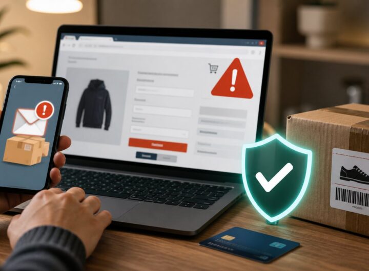 Shopper checking a suspicious online checkout parcel message and payment request before buying