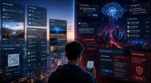 AI enabled scams and cyber safety for 2026 showing digital scams across social media, ads, and messaging apps.