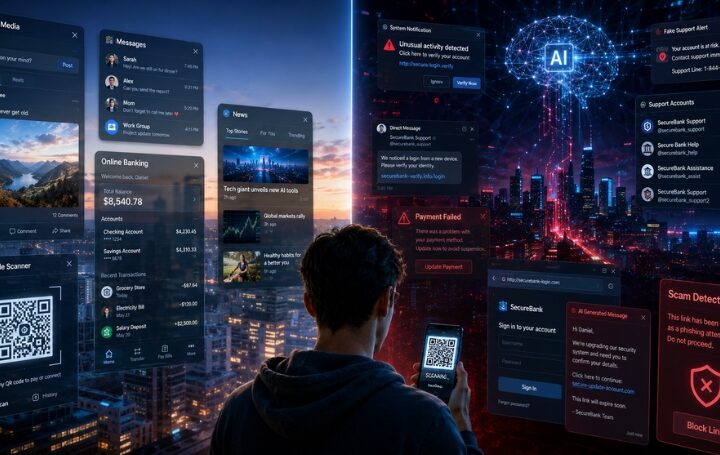 AI enabled scams and cyber safety for 2026 showing digital scams across social media, ads, and messaging apps.