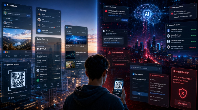 AI enabled scams and cyber safety for 2026 showing digital scams across social media, ads, and messaging apps.