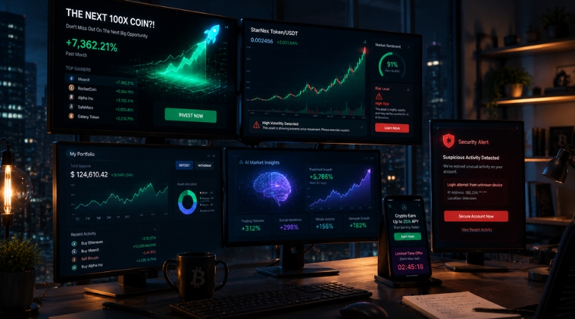 AI-enabled Scams and Cyber Safety for 2026 4 Cryptocurrency investment scam awareness with fake profit dashboards and digital finance apps